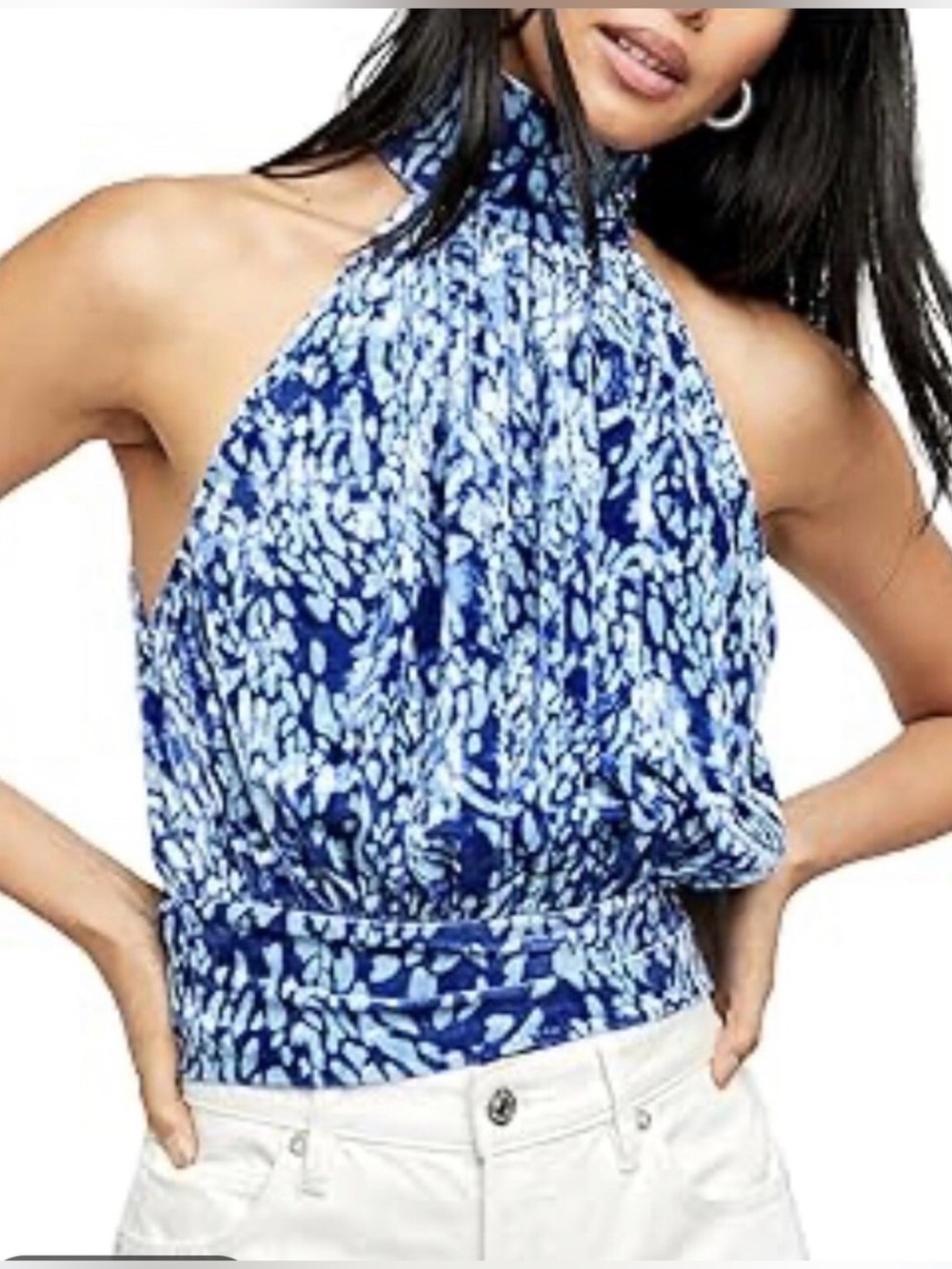 NWT Free People Blue Combo Take a Break Velvet Halter Top Sz L